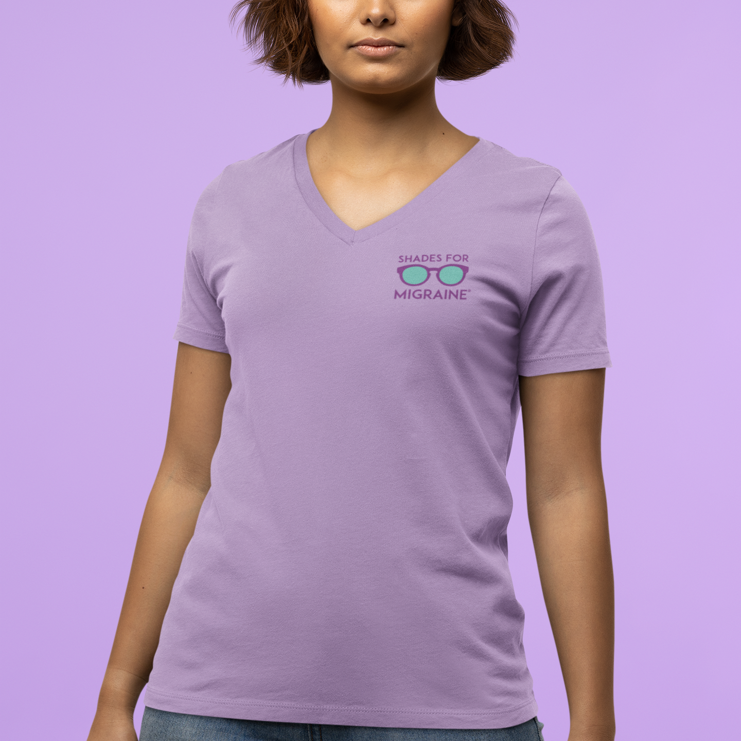 Shades for Migraine Awareness Shirt 2024 - Ladies V-Neck Tee (Chest Logo Only)