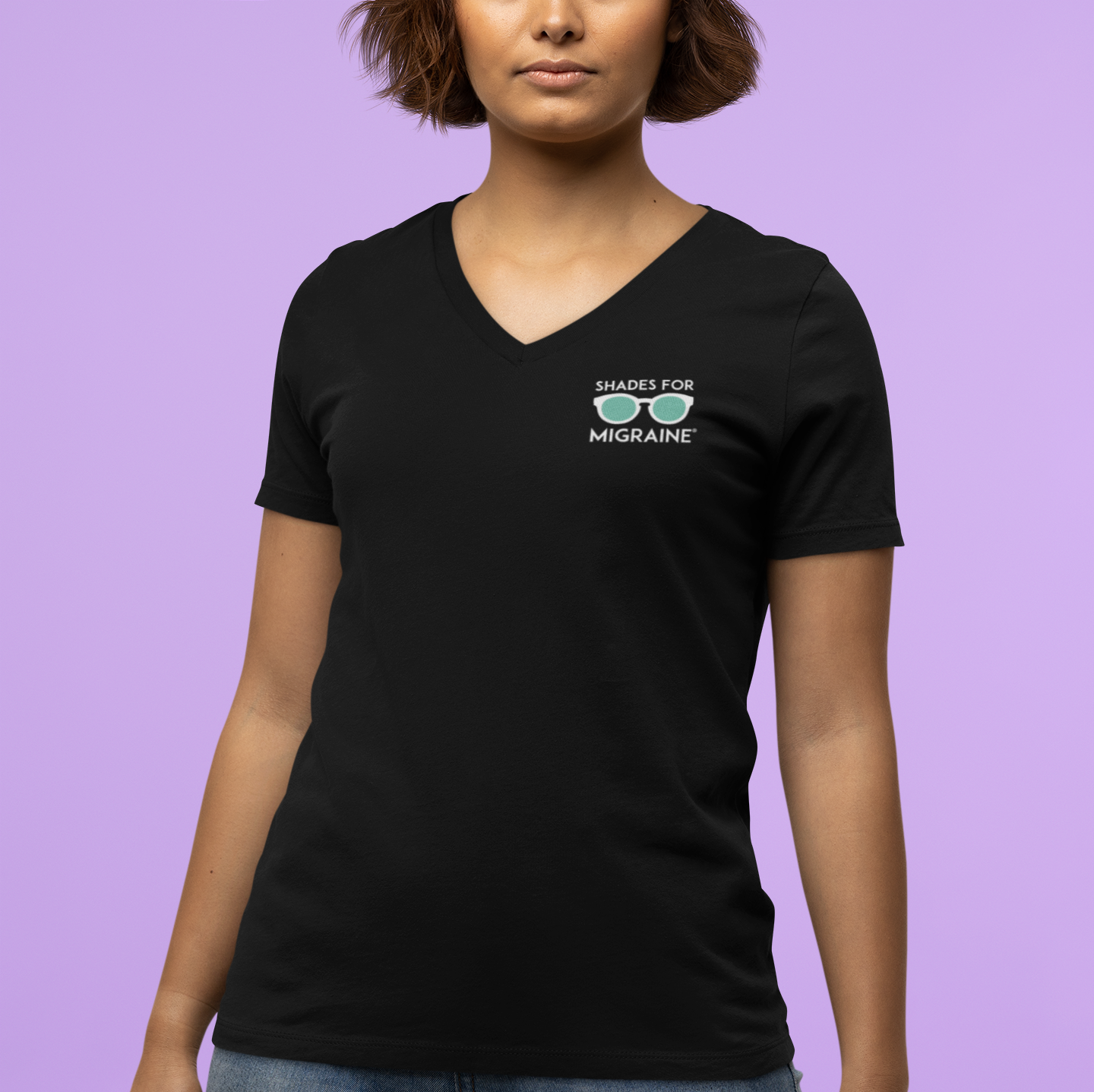 Shades for Migraine Awareness Shirt 2024 - Ladies V-Neck Tee (Chest Logo Only)