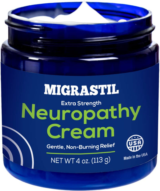 Migrastil Extra Strength Neuropathy Nerve Cream (4 oz.) - Gentle, Non-Burning Support for Feet, Hands, Legs, etc. Long-Lasting Non-Greasy Plant-Based Formula - No Strong Odor. Made in the USA.
