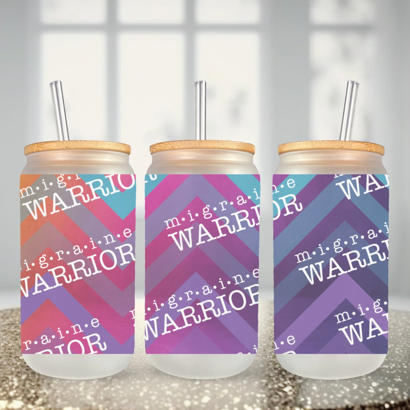 Migraine Warrior Frosted Glass Can Tumbler with Lid & Straw